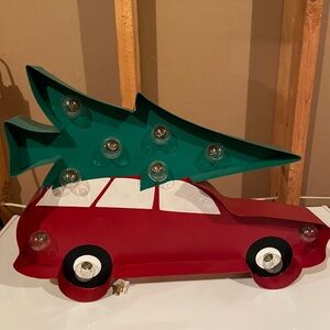 Red Car with Green Christmas Tree Light Decor